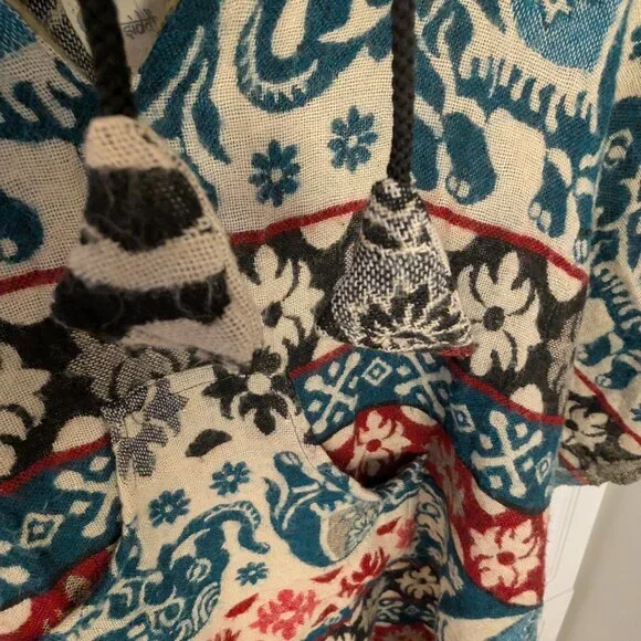 Elephant Print Woven Hooded Boho Poncho | Festival Artwear Fringe Beach Layer - Picture 6 of 14